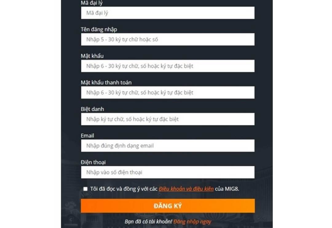 Đăng ký tài khoản vô cùng đơn giản tại Mig8